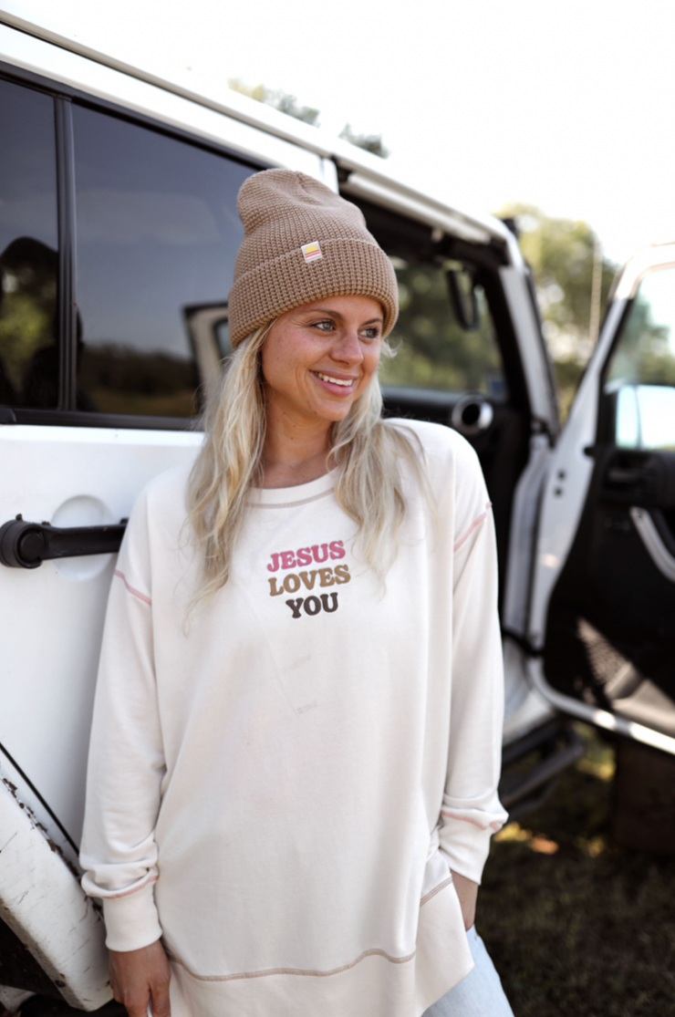 Jesus Loves You (Cream) - Light Weight Accent Stitch Sweatshirt / Crew