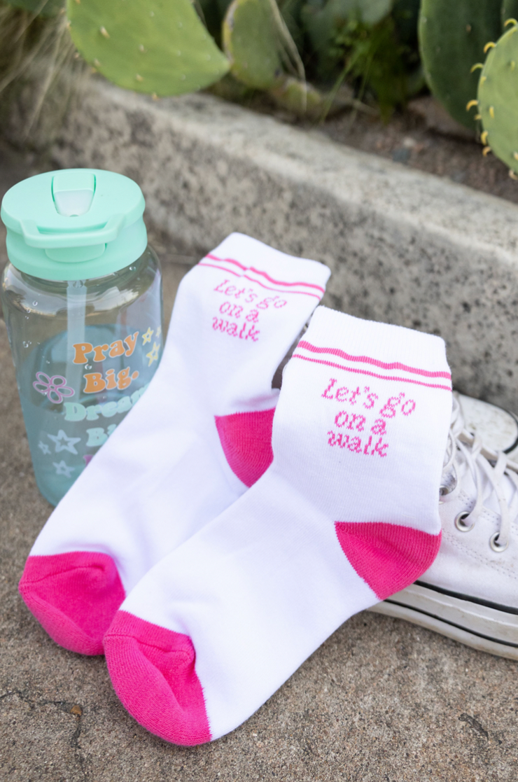 Socks - Let's Go On A Walk (White/Neon Pink) - Pack of 6