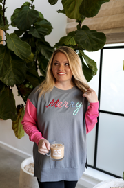 3D Embroidery Merry (Grey/Vintage Red) - Light Weight Color Block Sweatshirt