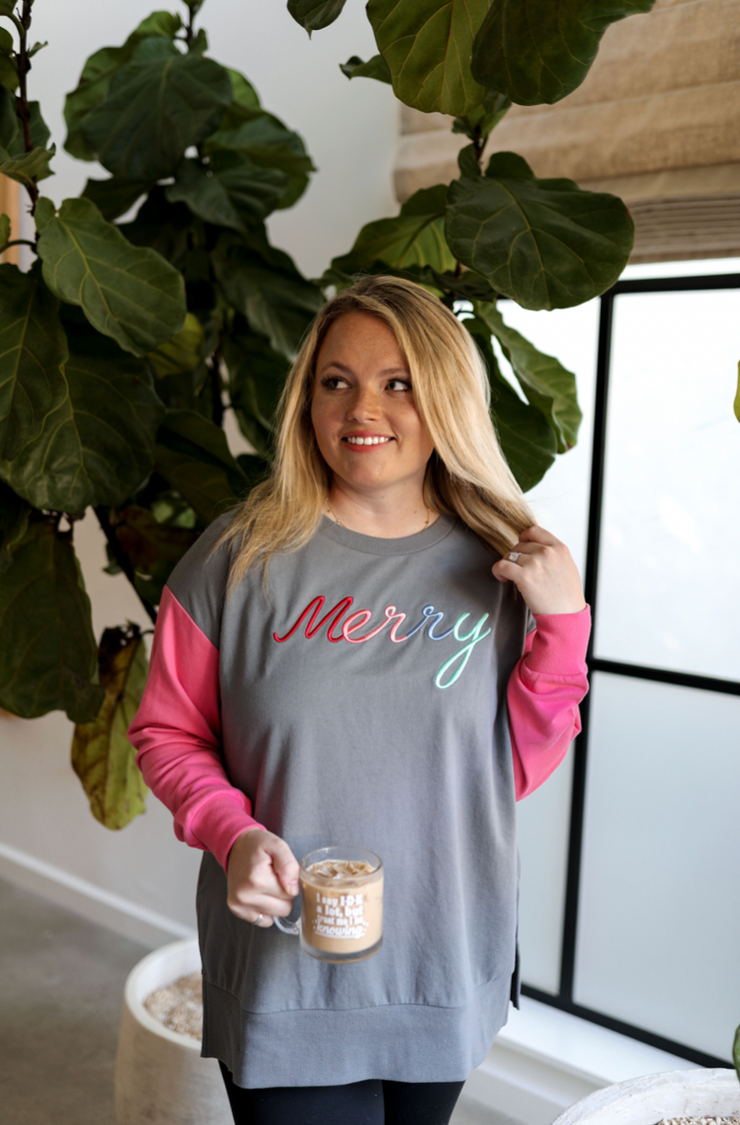 3D Embroidery Merry (Grey/Vintage Red) - Light Weight Color Block Sweatshirt