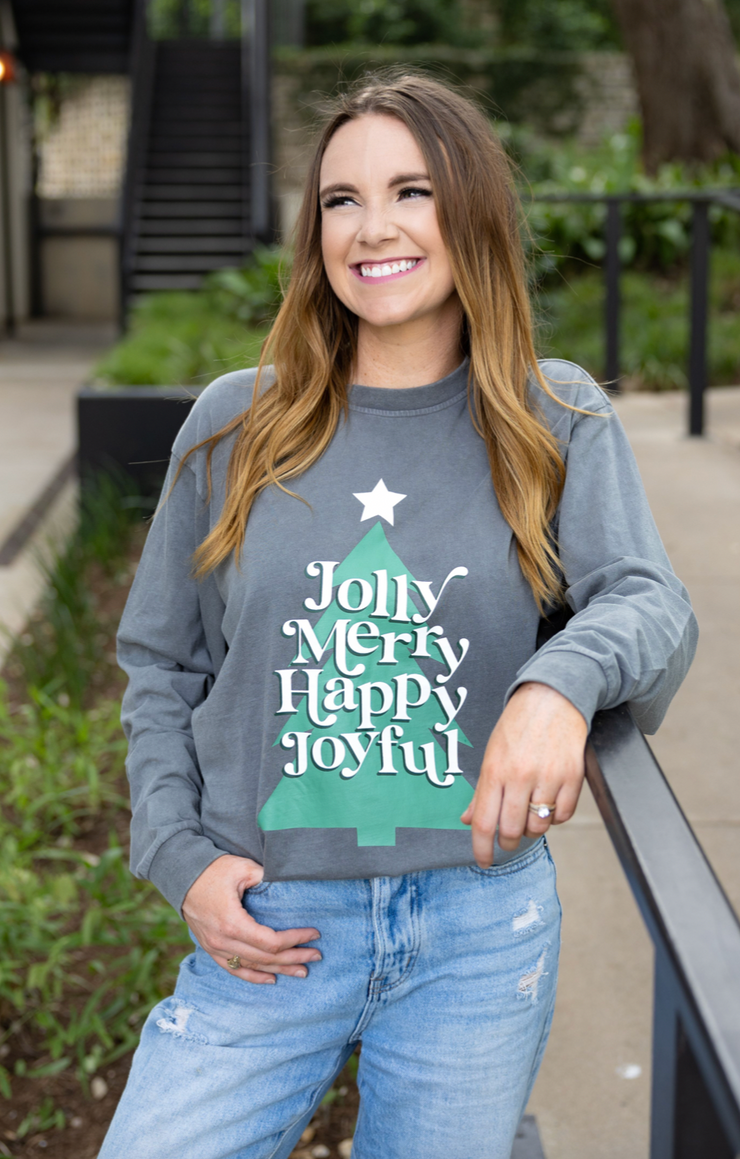Jolly Merry Happy Joyful (Charcoal Buttery Acid Wash) - Long Sleeve / Crew