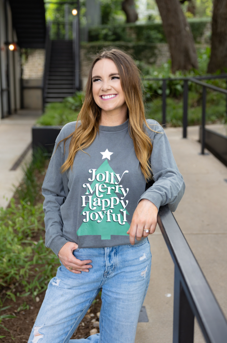 Jolly Merry Happy Joyful (Charcoal Buttery Acid Wash) - Long Sleeve / Crew