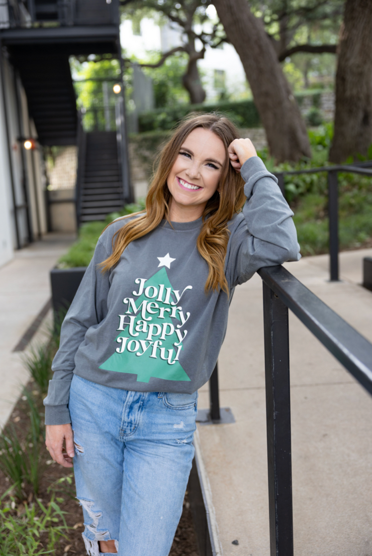 Jolly Merry Happy Joyful (Charcoal Buttery Acid Wash) - Long Sleeve / Crew