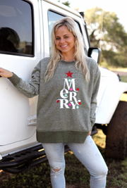 Merry Embroidery (Olive) - Burnout Sweatshirt / Crew