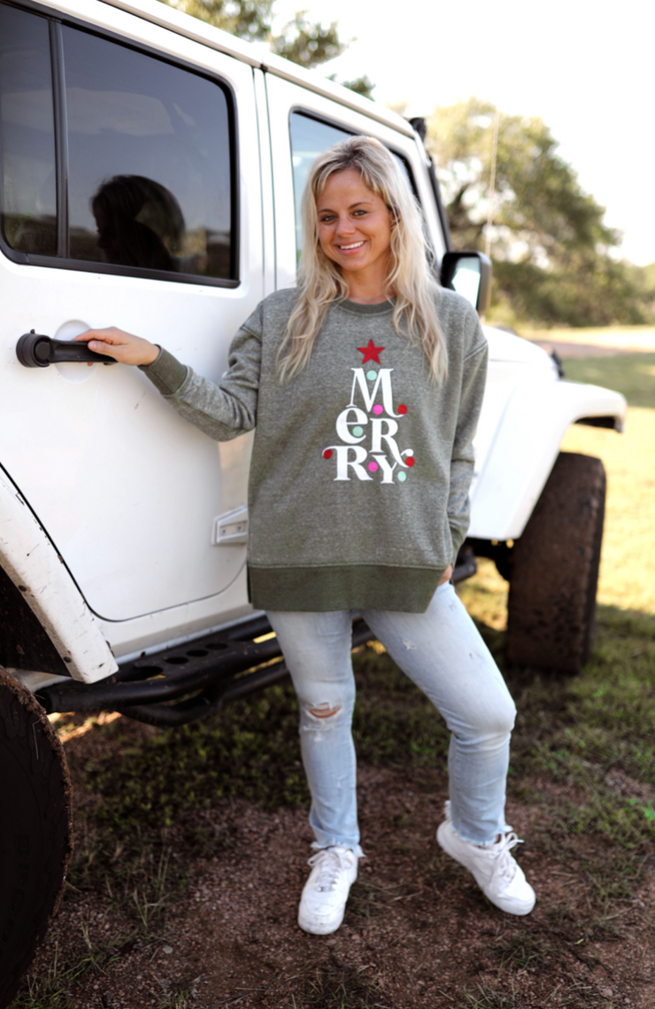 Merry Embroidery (Olive) - Burnout Sweatshirt / Crew
