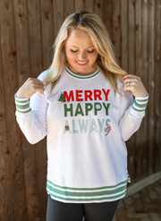 Merry Happy Always (White) - Retro Acid Wash Sweatshirt
