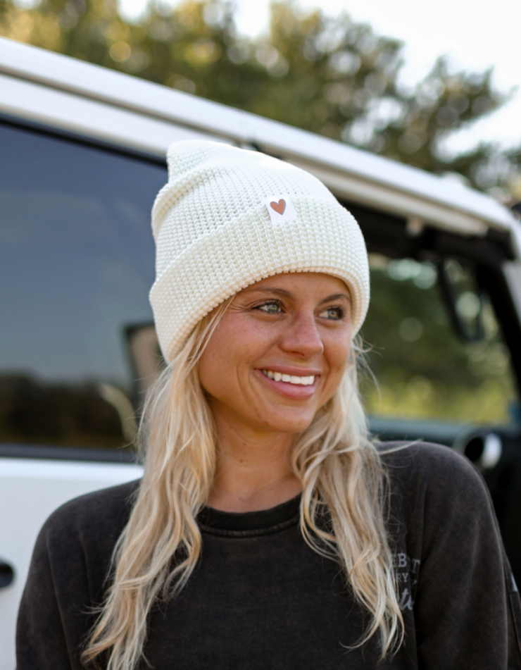 Waffle Beanie (Cream) - Heart Patch