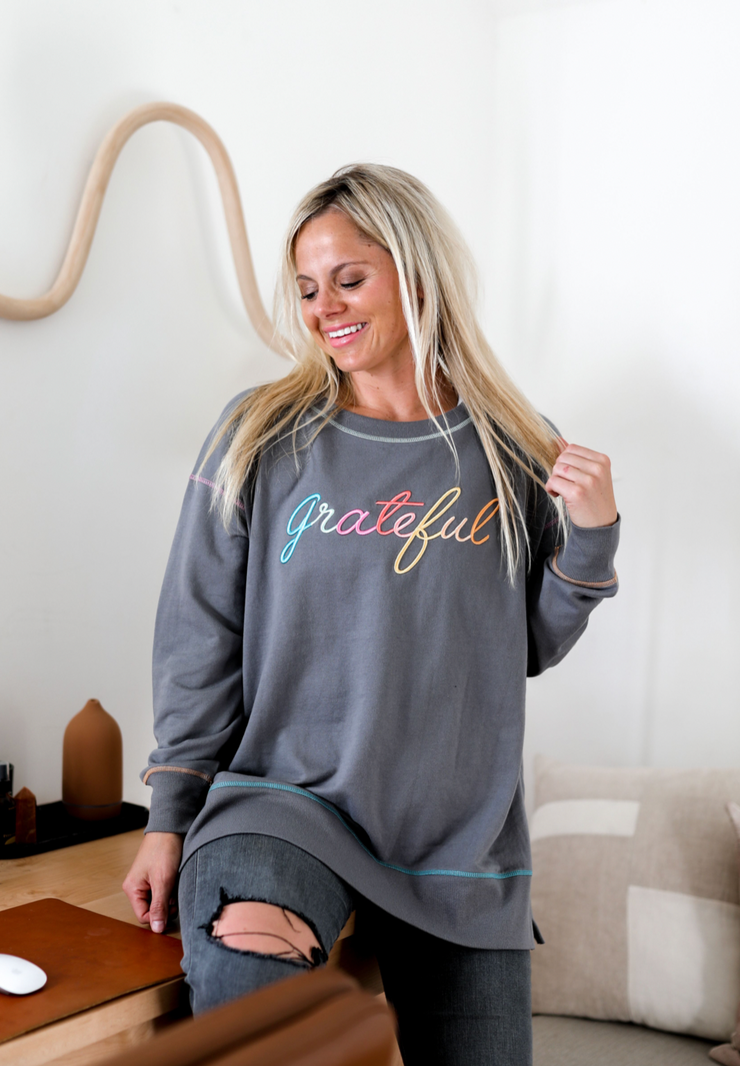 Grateful (Storm) - Light Weight Accent Stitch Sweatshirt / Crew