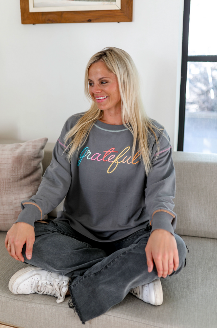 Grateful (Storm) - Light Weight Accent Stitch Sweatshirt / Crew