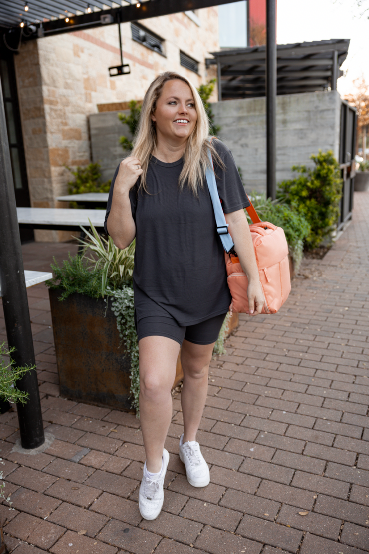 24/7 Rib Set w/Embroidered Logo (Charcoal) - Top + Biker Shorts