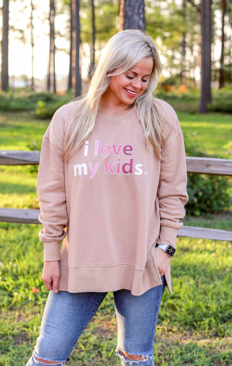 Love My Kids (Taupe Acid Wash) - Long Sleeve / Sweatshirt Crew