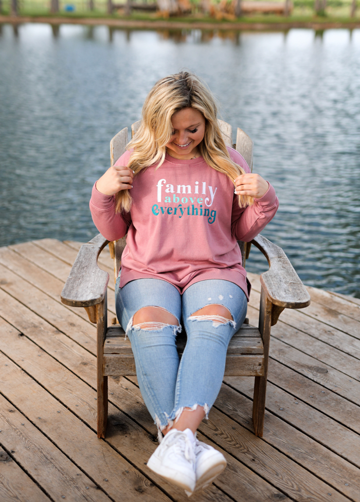 Family Above Everything Embroidery (Mauve) - Acid Wash Sweatshirt / Crew