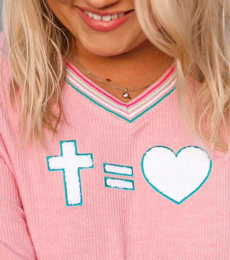 God Is Love Embroidery ( Pink Decorative Rib) - Corded Sweatshirt / V-Neck