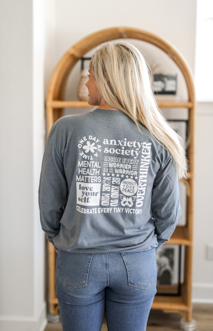 Anxiety Society Collage (Blue Jean Heather) - Long Sleeve / Crew