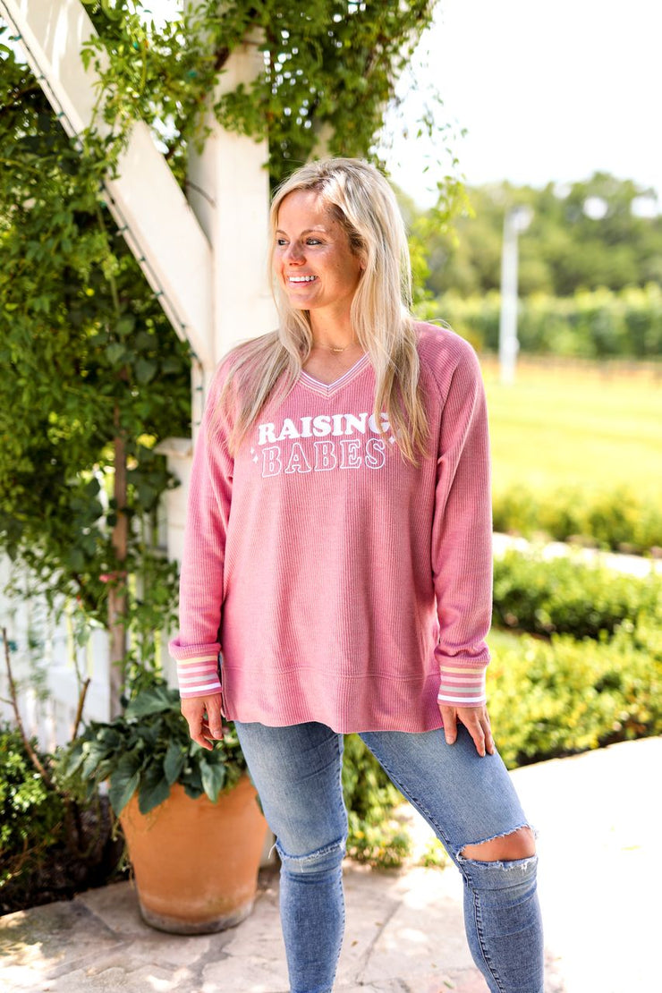 Raising Babes Embroidery (Mauve) - Rib Sweatshirt / V-Neck
