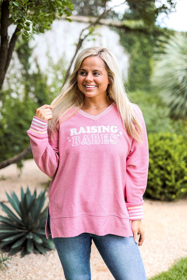 Raising Babes Embroidery (Mauve) - Rib Sweatshirt / V-Neck