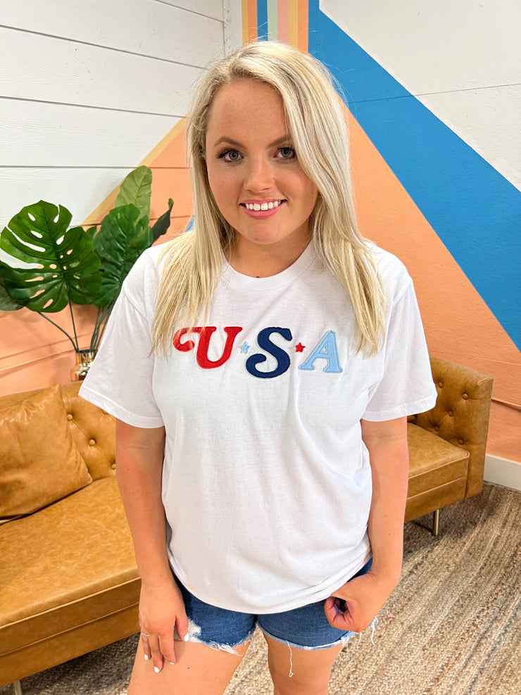 USA Patches (White Heather) - Short Sleeve / Crew
