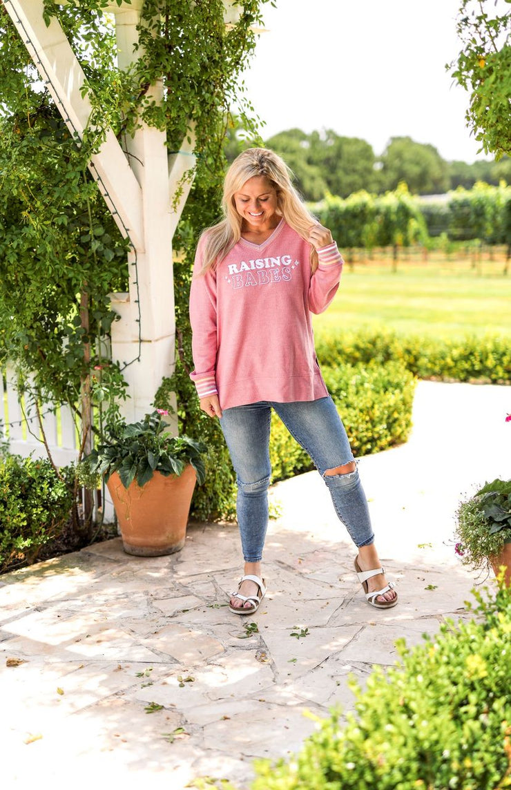 Raising Babes Embroidery (Mauve) - Rib Sweatshirt / V-Neck