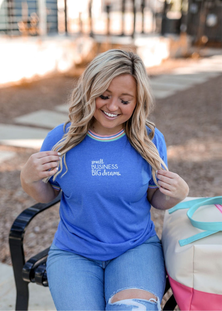 Small Business Big Dreams Embroidery (Flo Blue Heather Decorative Rib) - Short Sleeve / Crew